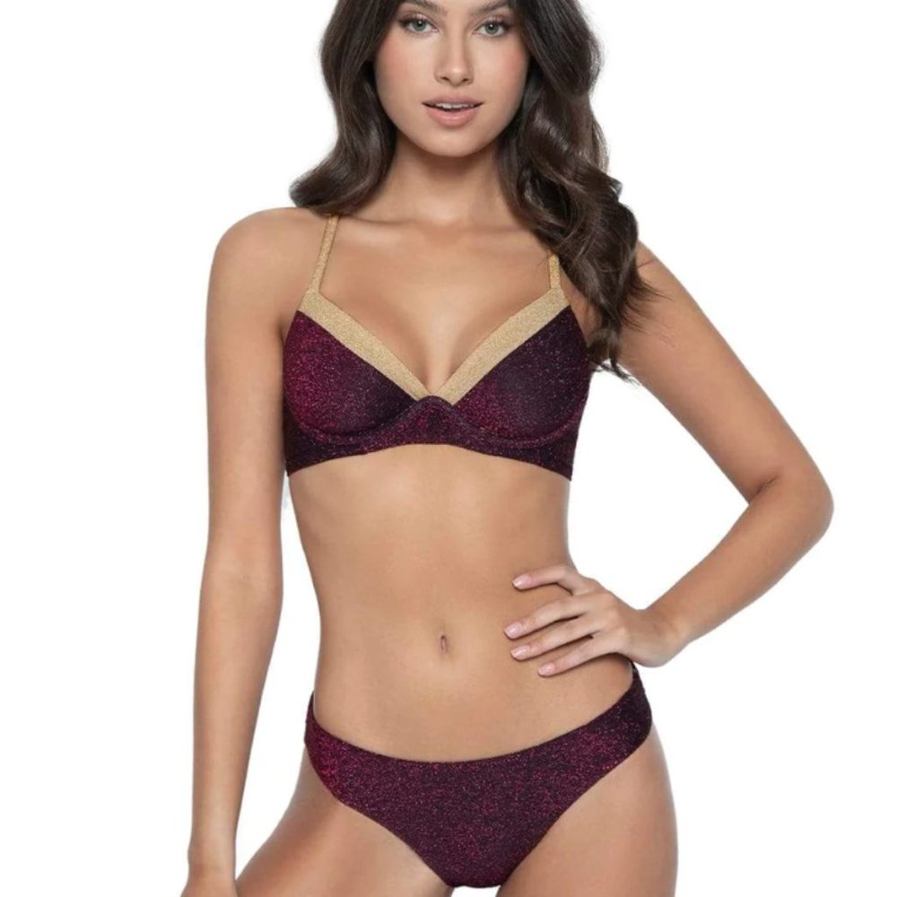 NWT PQ Swim Garnet Basic Ruched Full Bikini Bottom & Evie Underwire Bralette